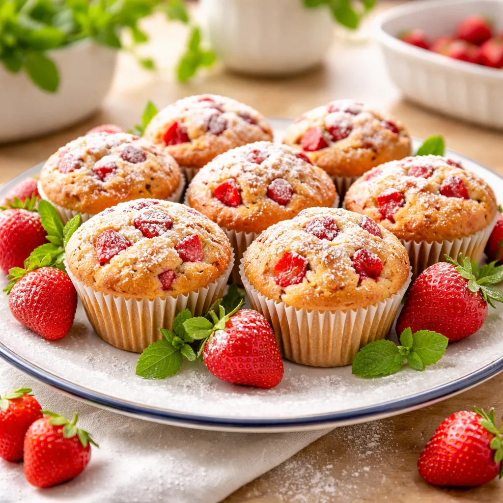 Saftige Erdbeermuffins aus dem Airfryer mit frischen Erdbeeren und Streuseln.