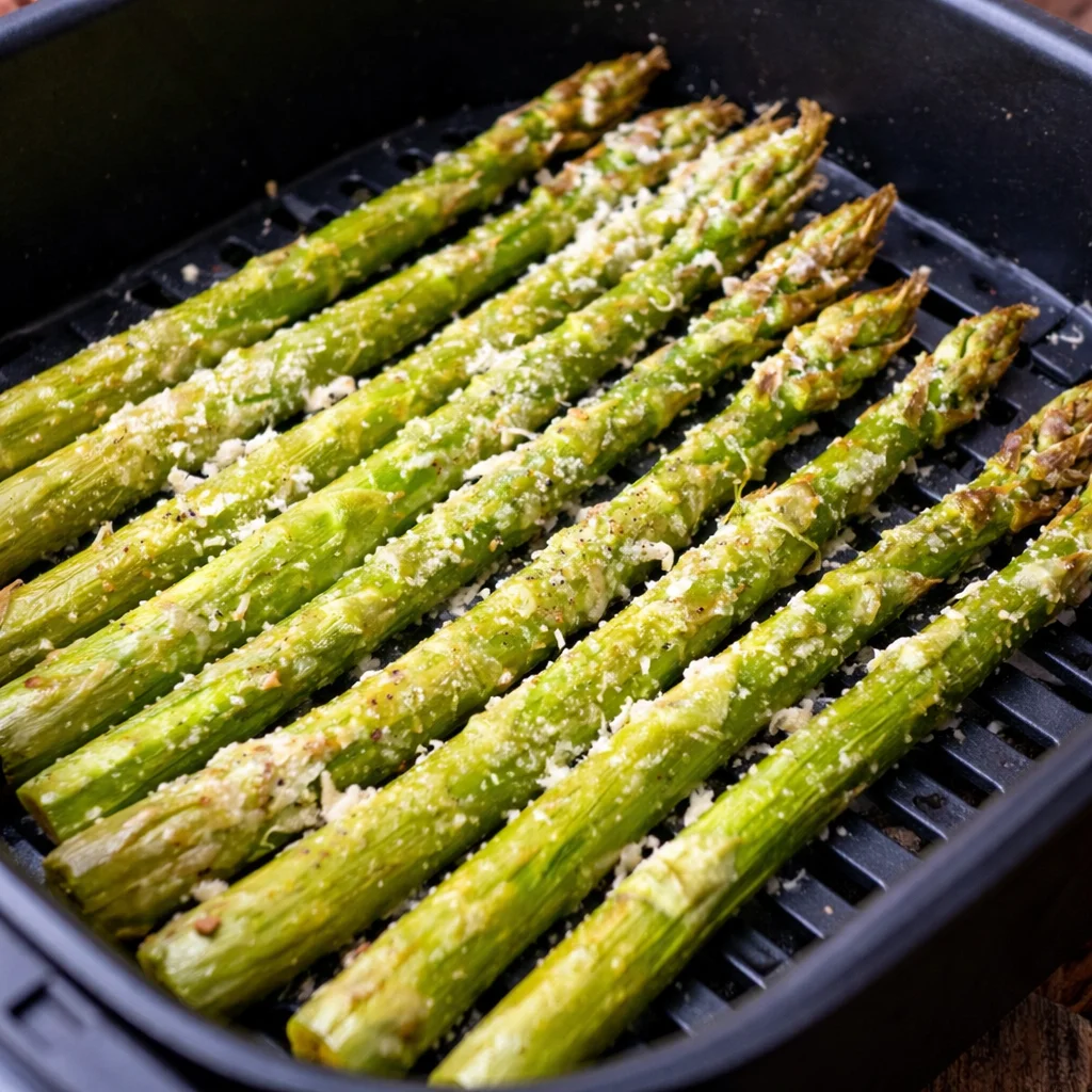 Grüner Spargel frisch zubereitet in der Heißluftfritteuse mit italienischen Zutaten