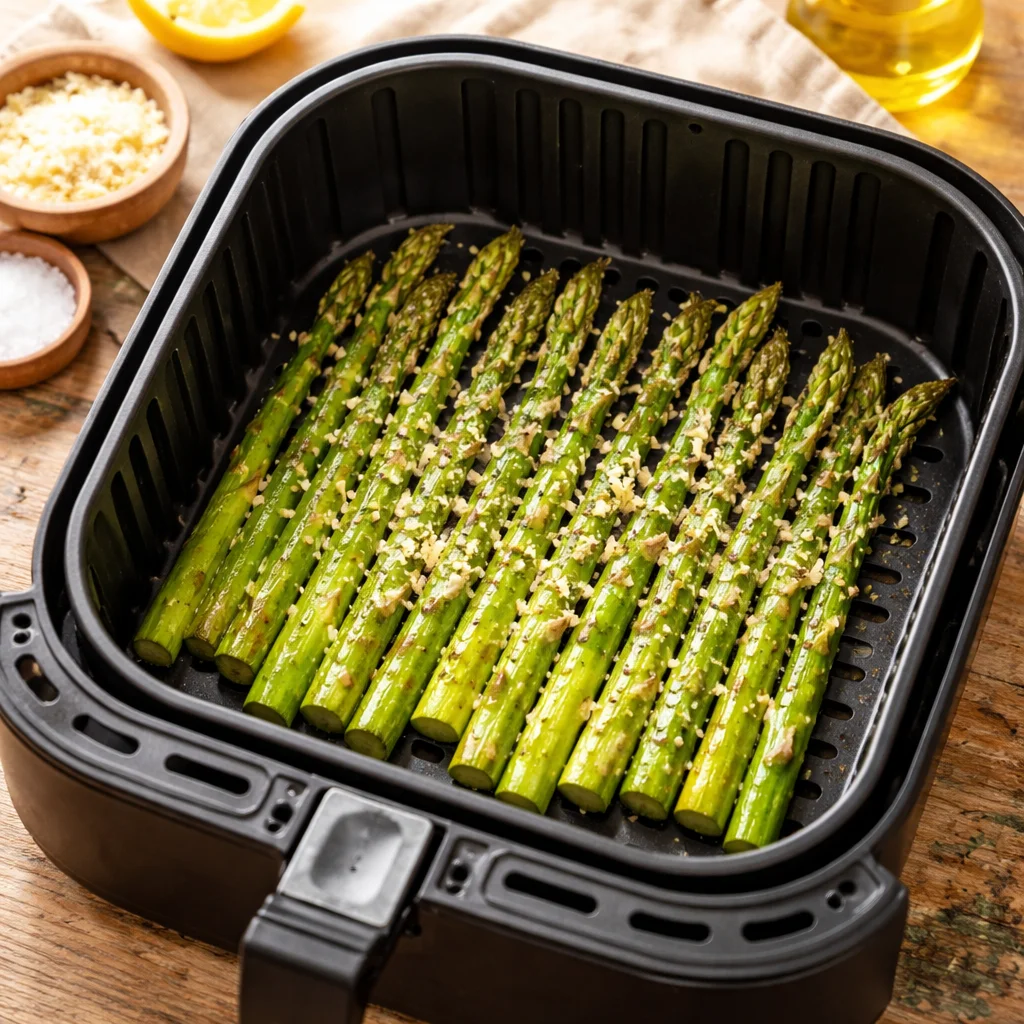 Grüner Spargel frisch zubereitet in der Heißluftfritteuse mit italienischen Zutaten