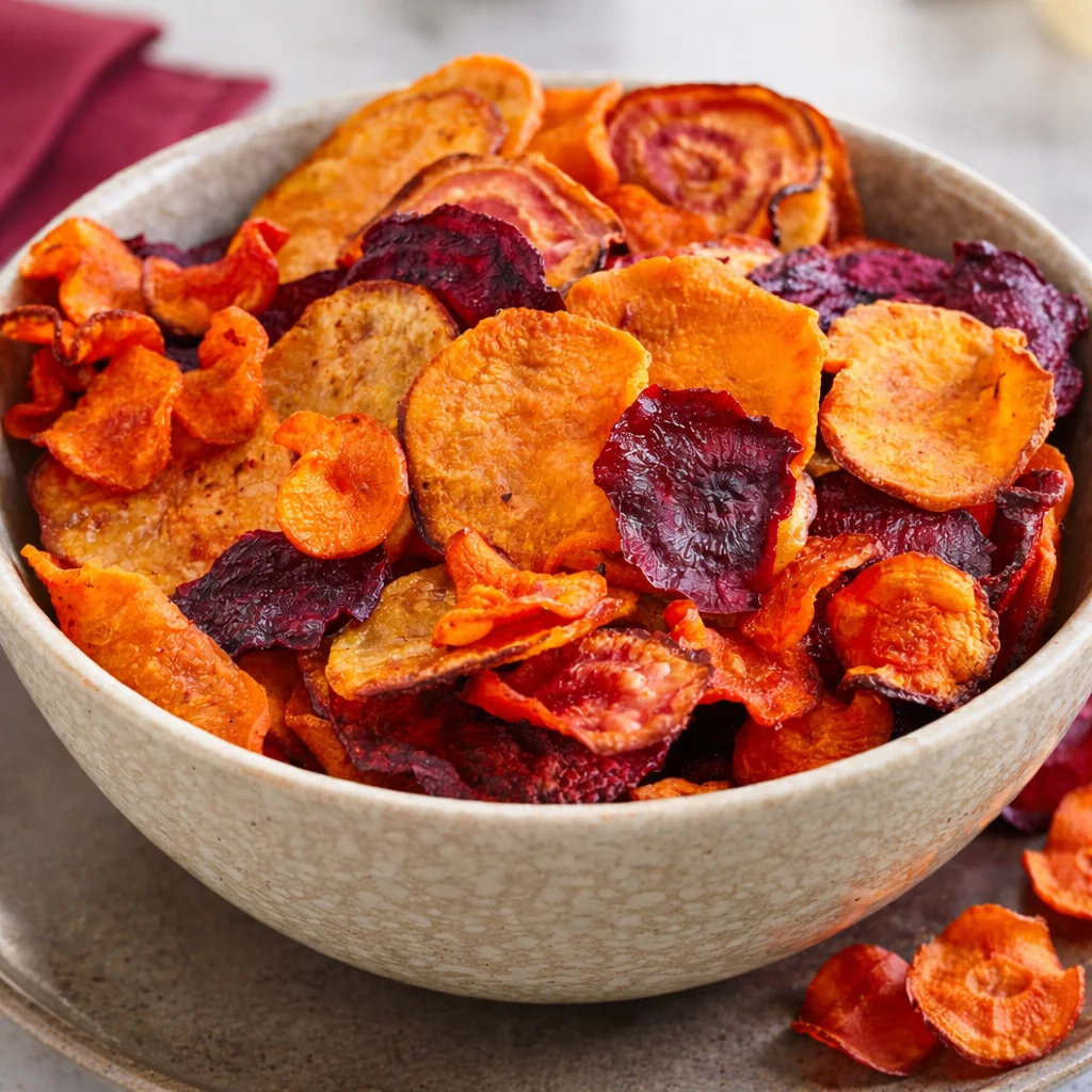 Knusprige Gemüsechips aus der Heißluftfritteuse – gesunder Snack mit verschiedenen Gemüsesorten.