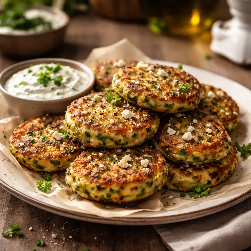 Knusprige Zucchini Feta Bällchen aus dem Airfryer, perfekt als Snack oder Fingerfood.