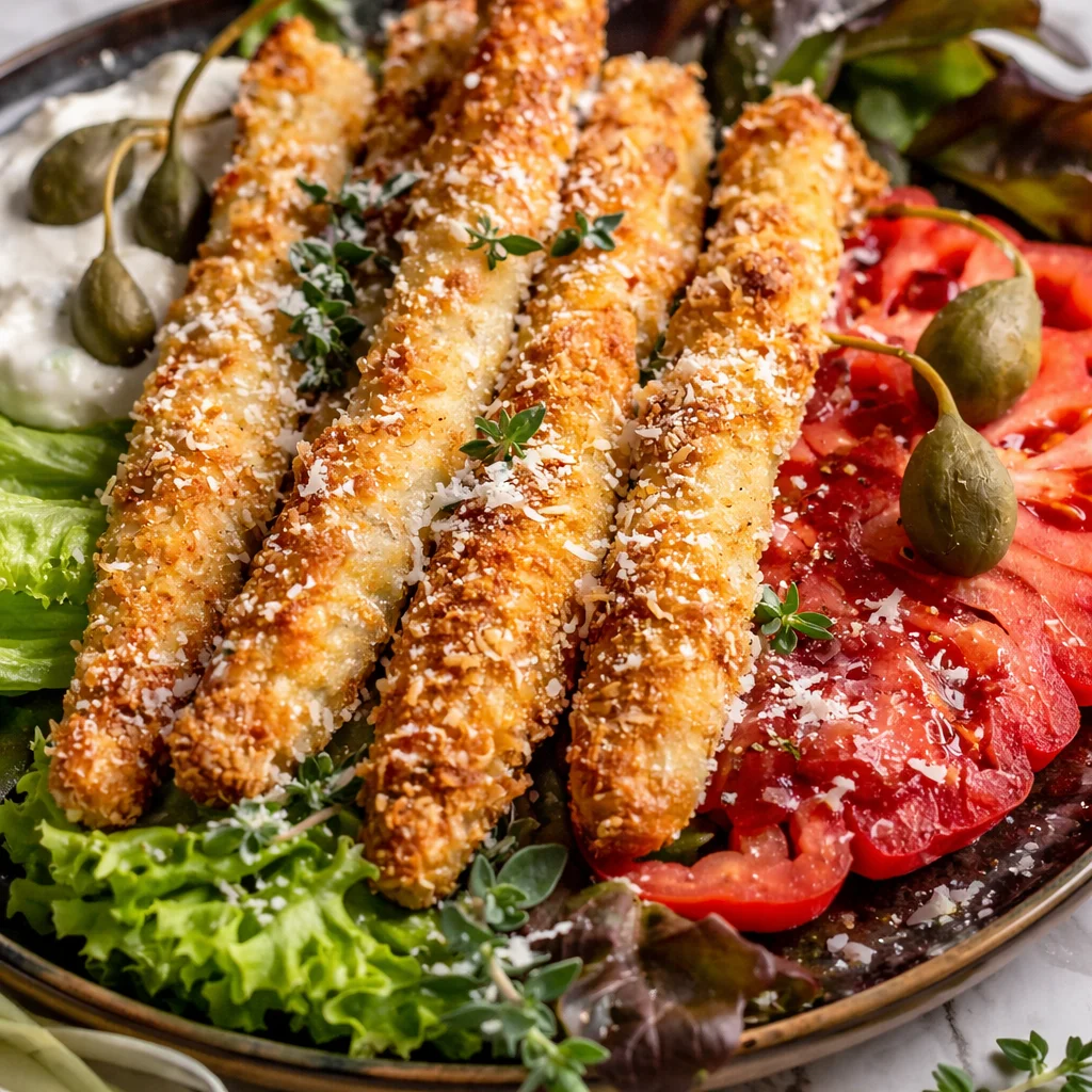 Knuspriger Spargel mit Parmesan aus dem Airfryer auf einem Teller serviert.