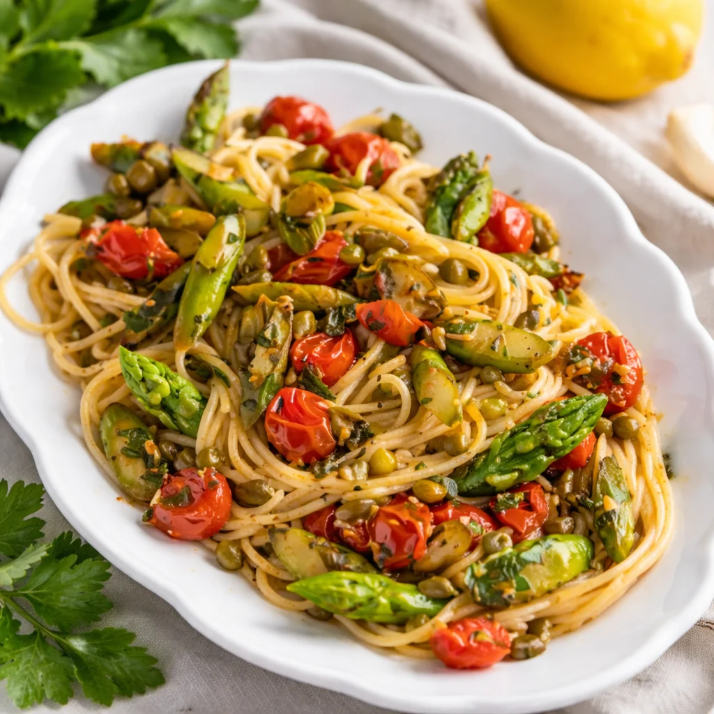 Pasta mit grünem Spargel und Parmesan auf einem Teller serviert.