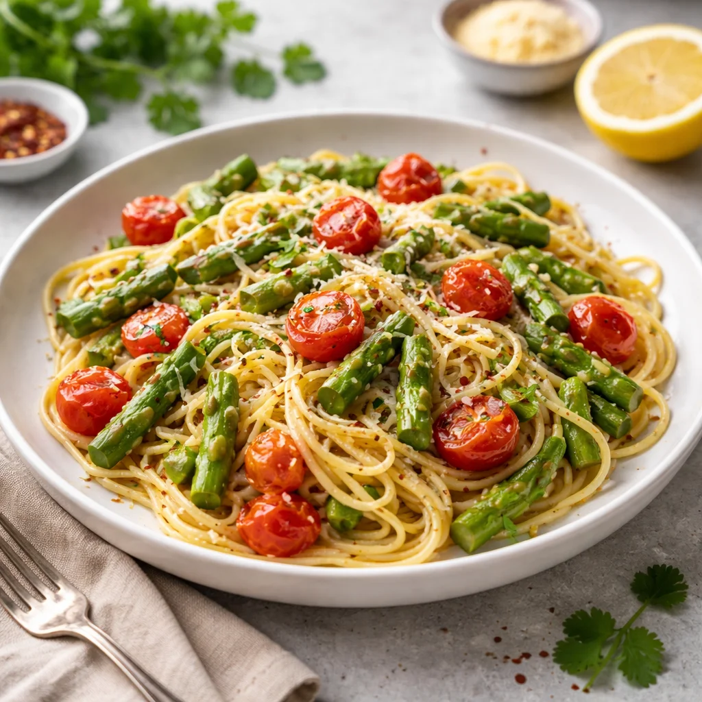 Pasta mit grünem Spargel und Parmesan auf einem Teller serviert.