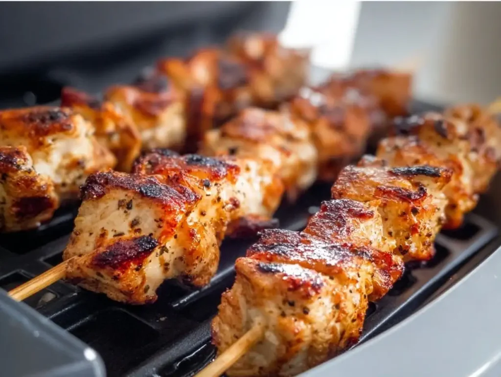 Saftige Hähnchenspieße aus der Heißluftfritteuse auf einem Grillrost.
