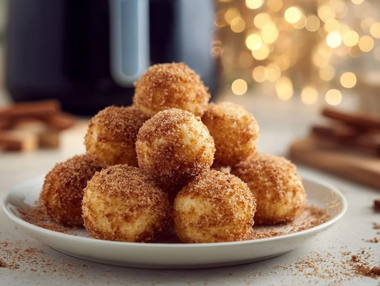 Apfel Quarkbällchen auf einem Teller, frisch gebacken und goldbraun