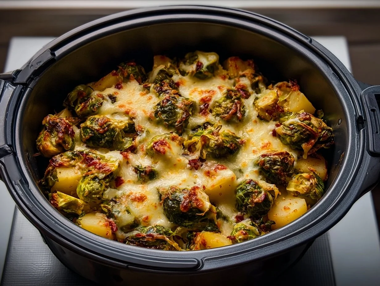 Cremiger und knuspriger Rosenkohlauflauf mit Kartoffeln im Airfryer
