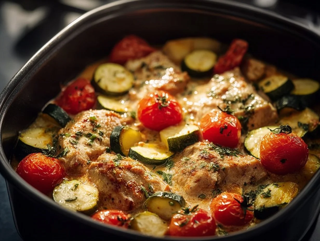 Feta-Hähnchen Pfanne im Airfryer zubereitet mit frischem Gemüse