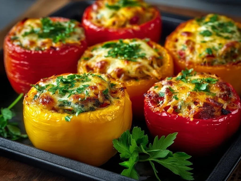 Gefüllte Paprika zubereitet im Airfryer, serviert auf einem Teller