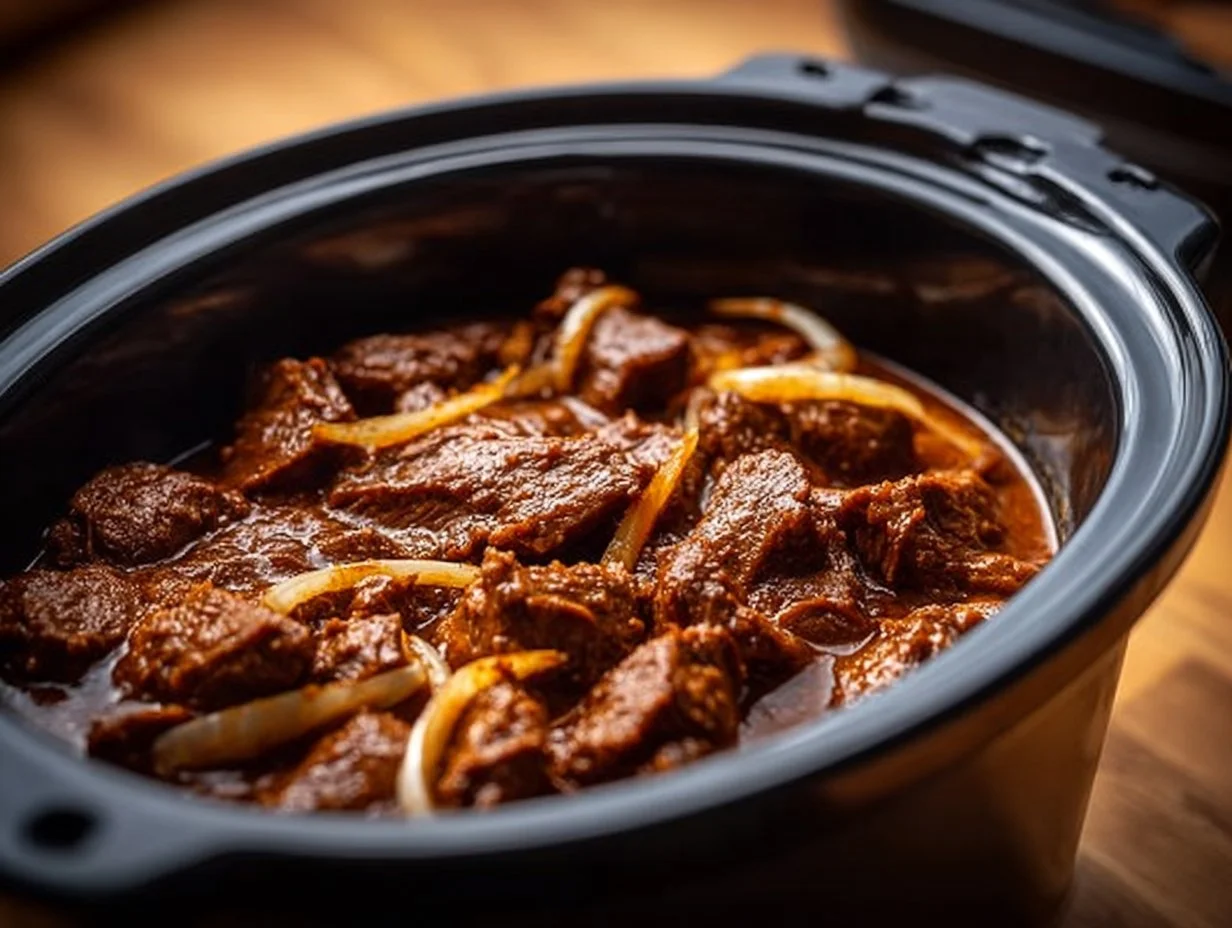 Gulasch in der Heißluftfritteuse, appetitlich angerichtet auf einem Teller