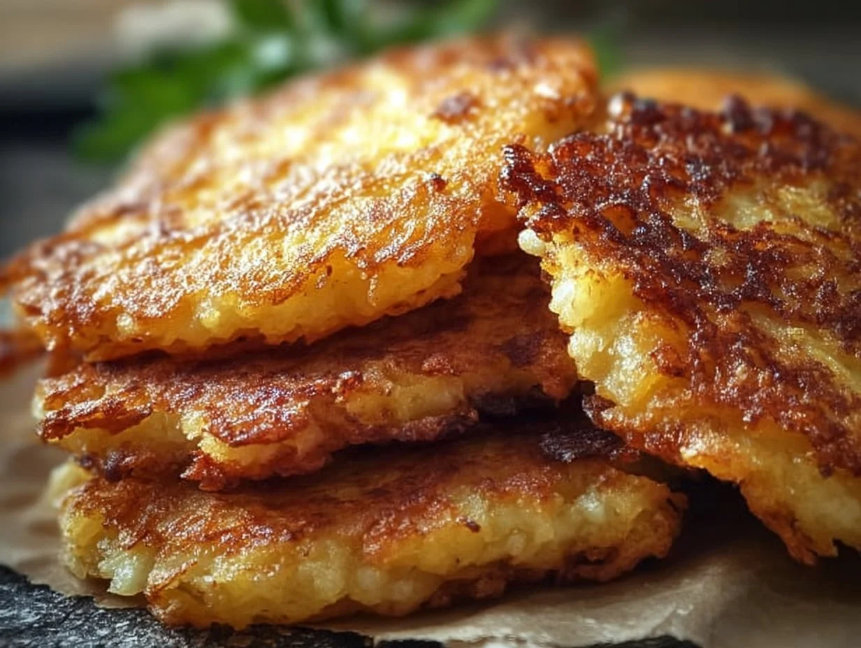 Frittierte Kartoffelpuffer ohne Fett, zubereitet in der Heißluftfritteuse.