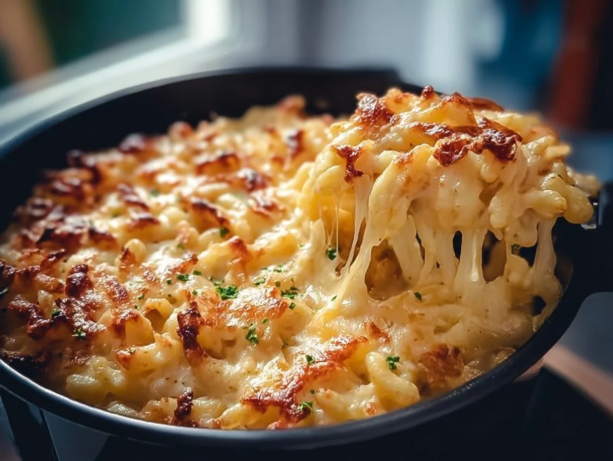 Käsespätzle aus der Heißluftfritteuse serviert mit Käse und Zwiebeln