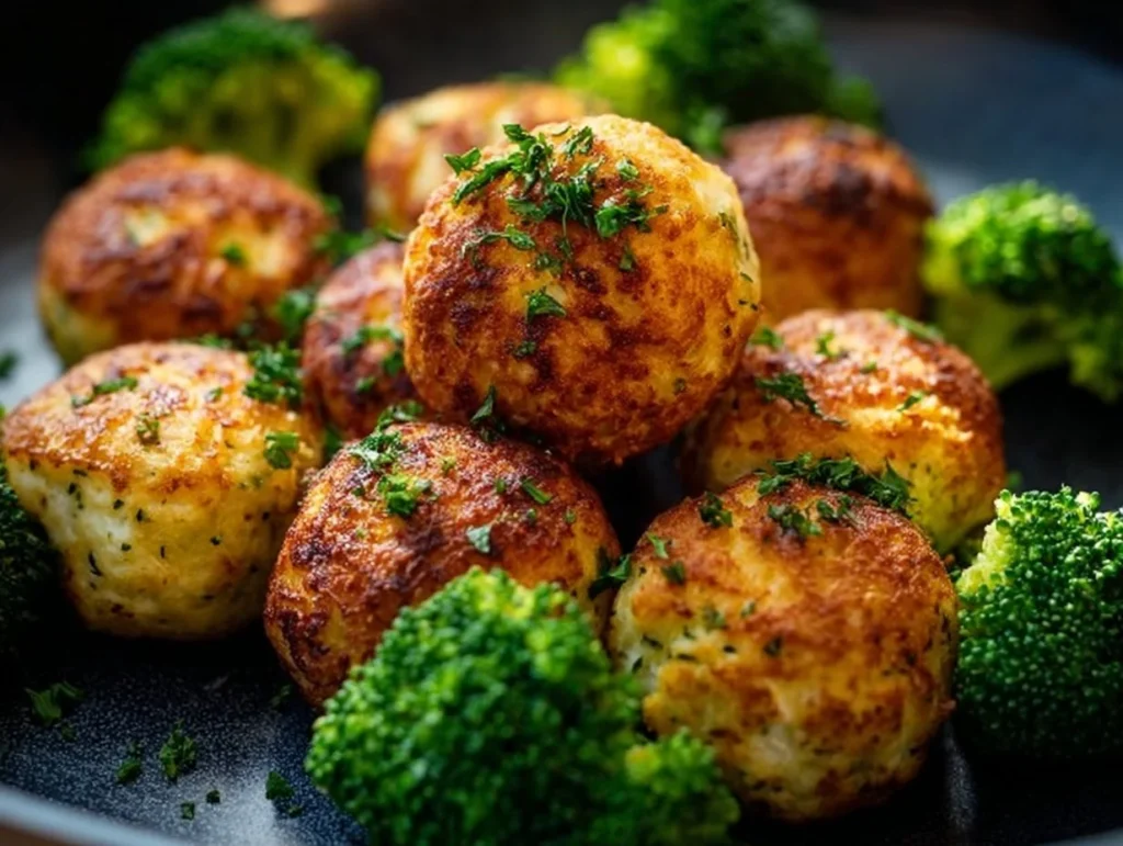 Knusprige Low Carb Brokkoli-Hüttenkäse Bällchen aus dem Airfryer auf einem Teller.