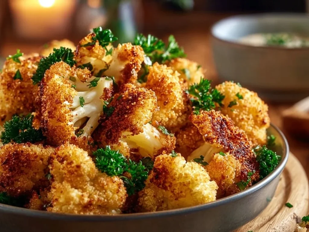 Knuspriger Blumenkohl aus dem Airfryer, golden gebraten und appetitlich angerichtet.