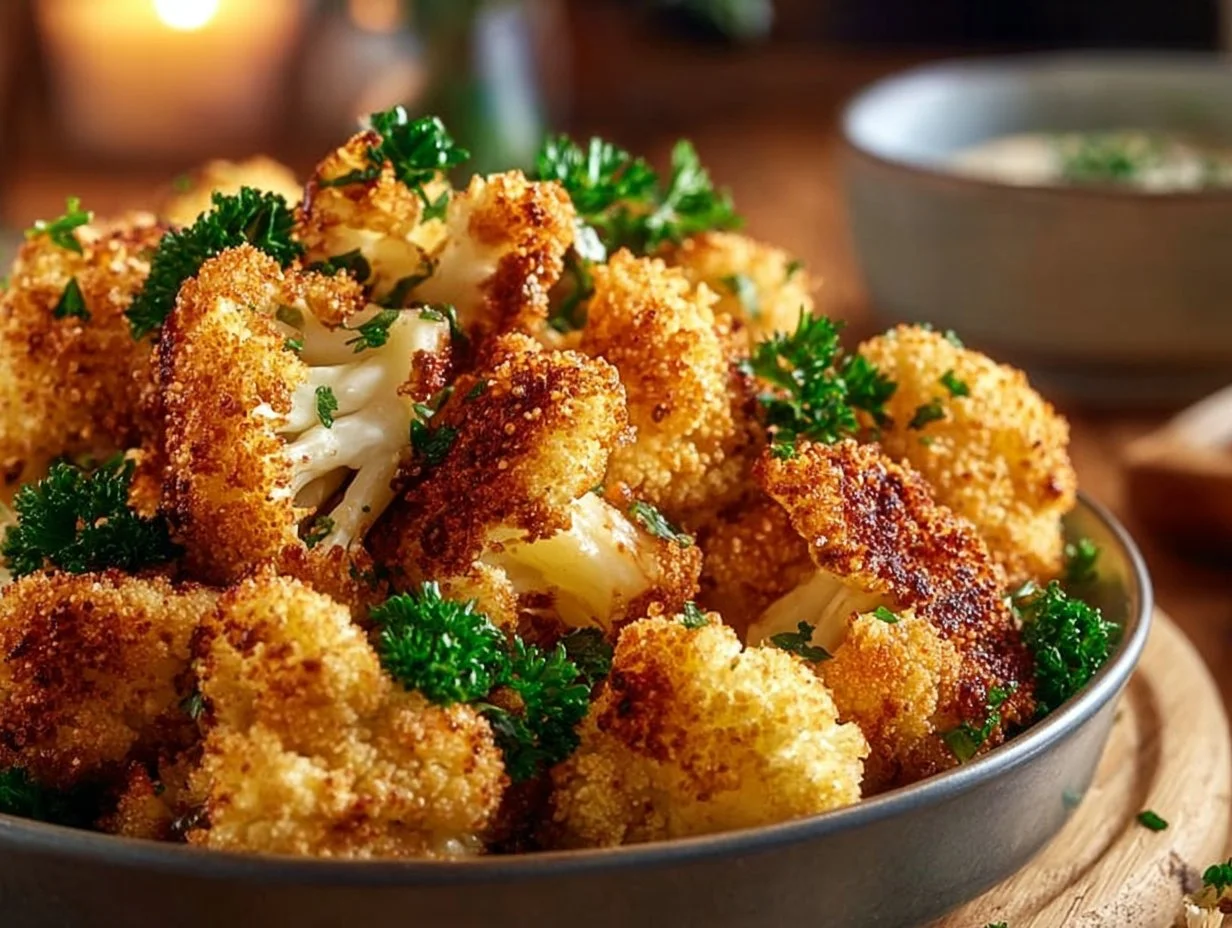 Knuspriger Blumenkohl aus dem Airfryer, golden gebraten und appetitlich angerichtet.