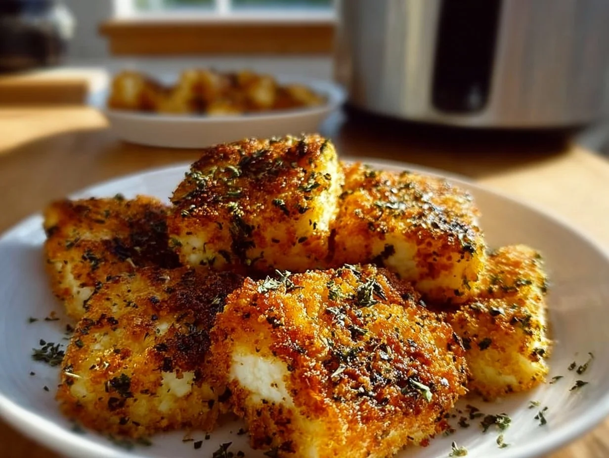 Knuspriger Feta aus dem Airfryer serviert auf einem Teller
