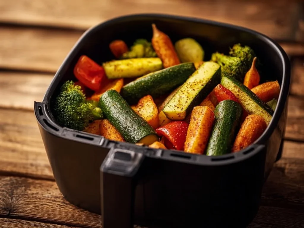 Knuspriges Gemüse im Airfryer auf einem Teller, gesund und lecker zubereitet.