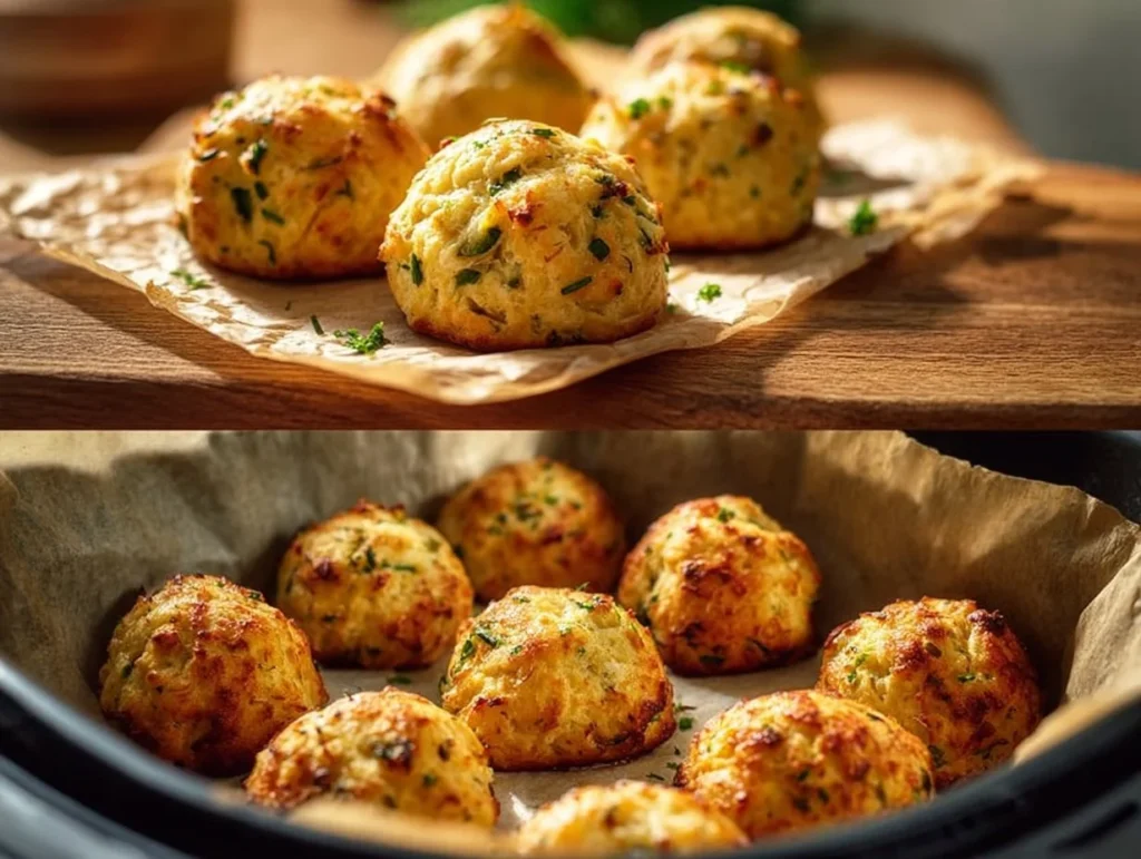 Low Carb Hüttenkäse-Gemüse-Bällchen auf einem Teller serviert