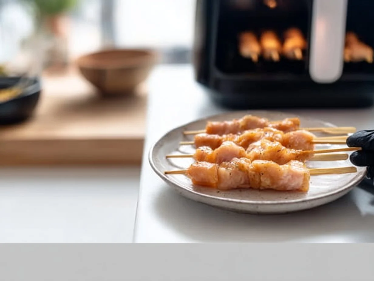 Saftige Hähnchenspieße aus der Heißluftfritteuse auf einem Grillrost.
