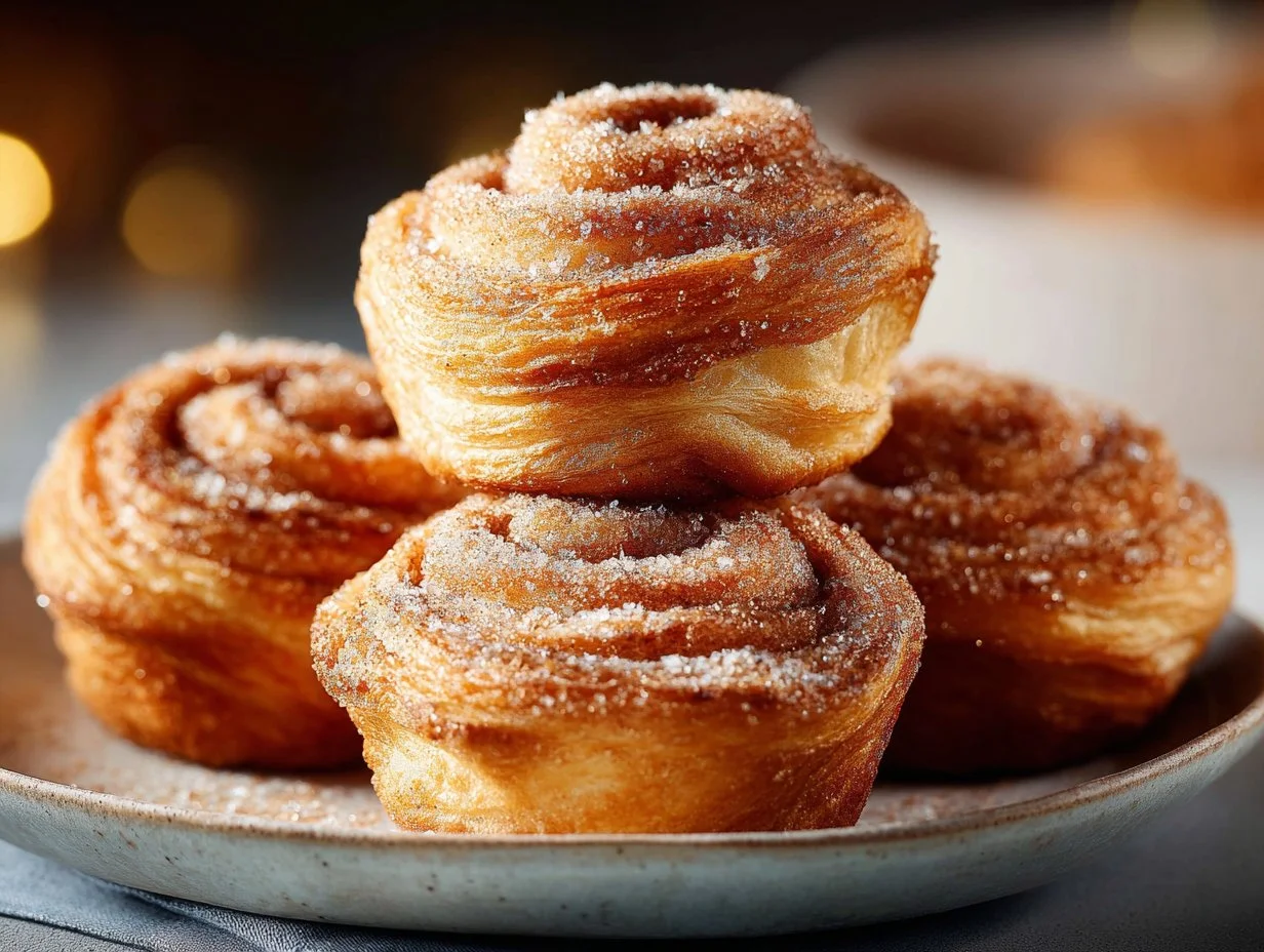 Schnelle Zimt-Zucker-Cruffins im Airfryer frisch gebacken auf einem Teller