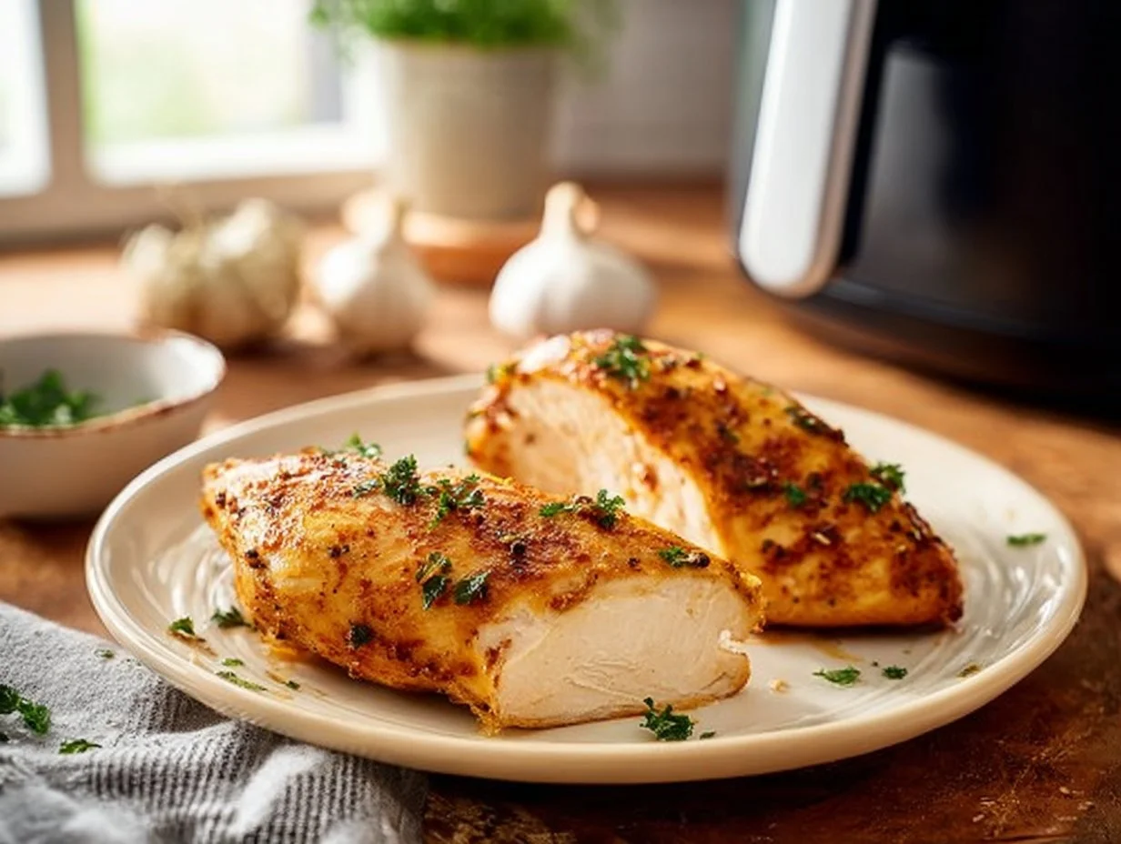 Delicious and crispy air-fried chicken breast served with fresh herbs.