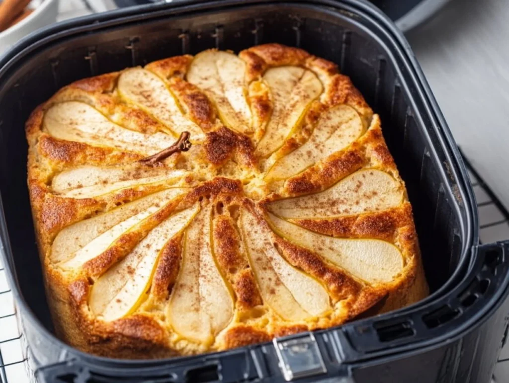 Birnenkuchen aus der Heißluftfritteuse, frisch gebacken und appetitlich angerichtet.