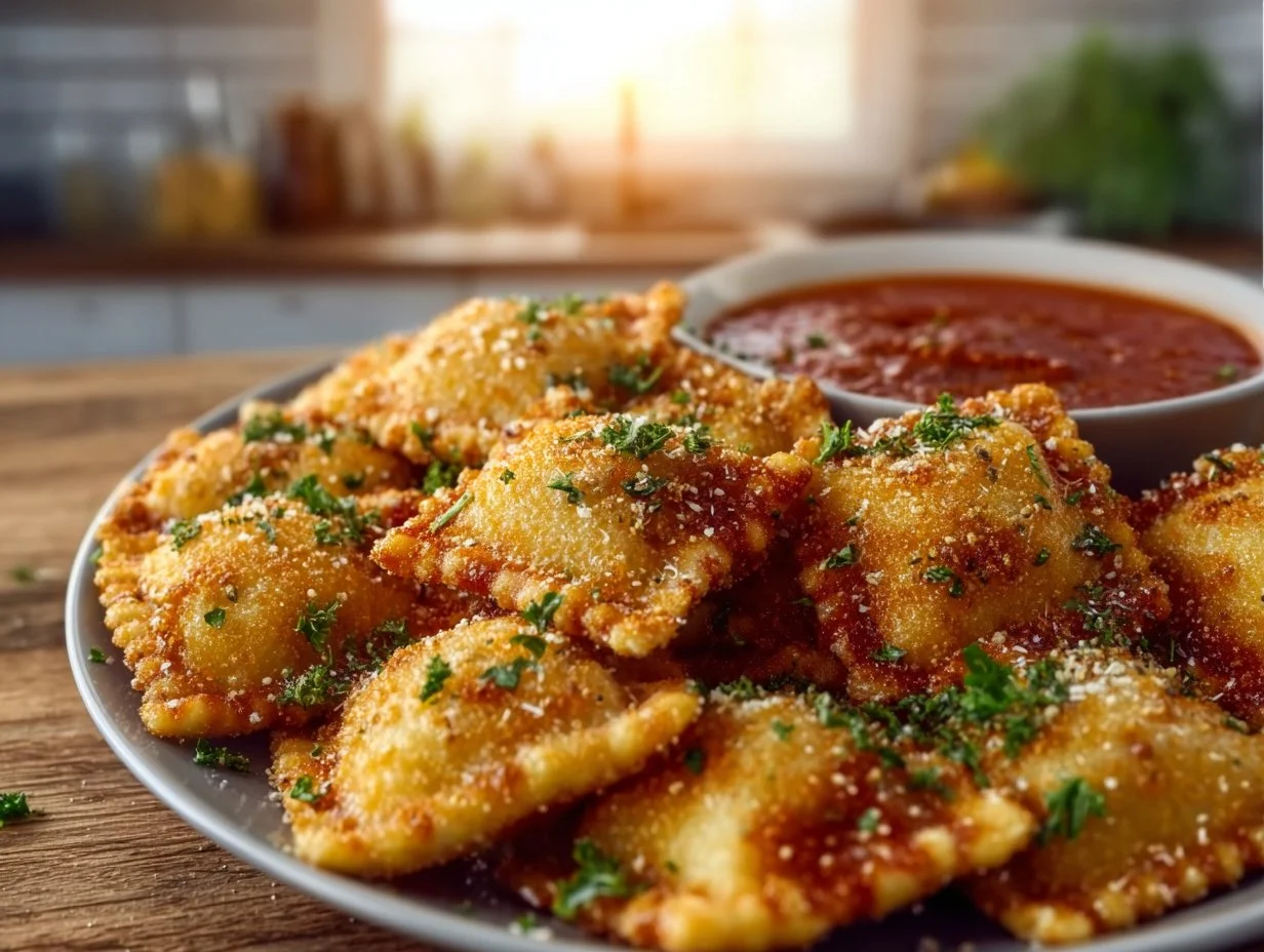 Krosse Ravioli aus dem Airfryer auf einem Teller