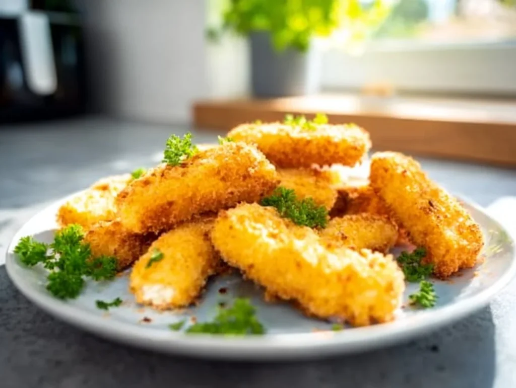 Fischstäbchen aus der Heißluftfritteuse frisch zubereitet auf einem Teller