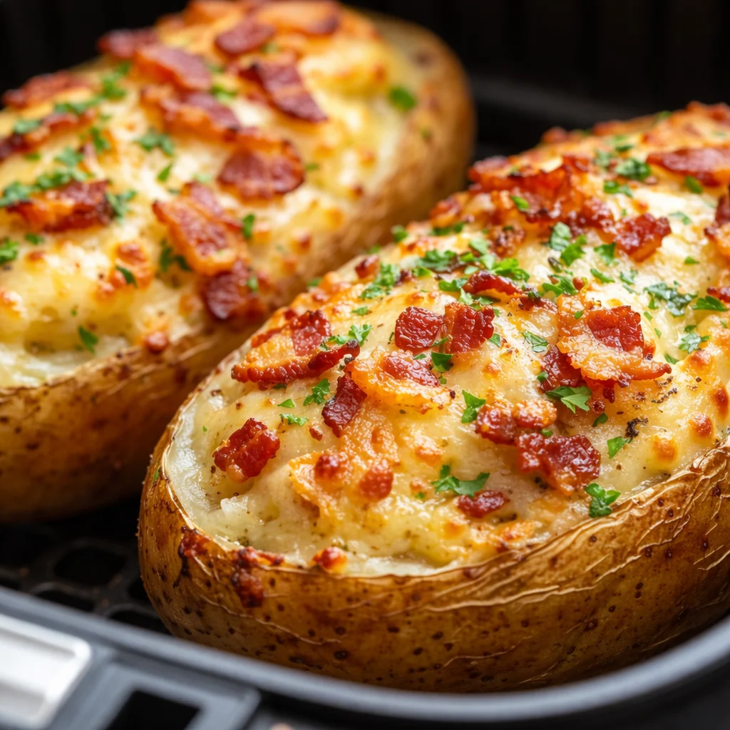 Gebackene Käse-Kartoffeln aus der Heißluftfritteuse, knusprig und lecker serviert.