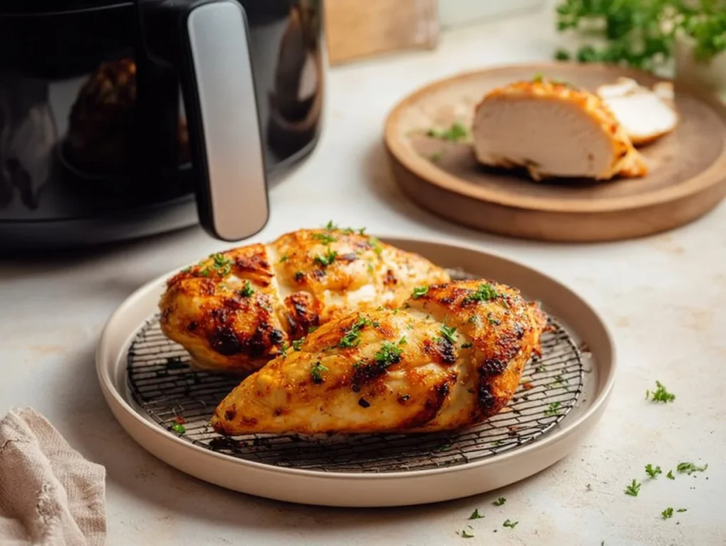 Hähnchenbrust aus der Heißluftfritteuse – knusprig und lecker zubereitet.