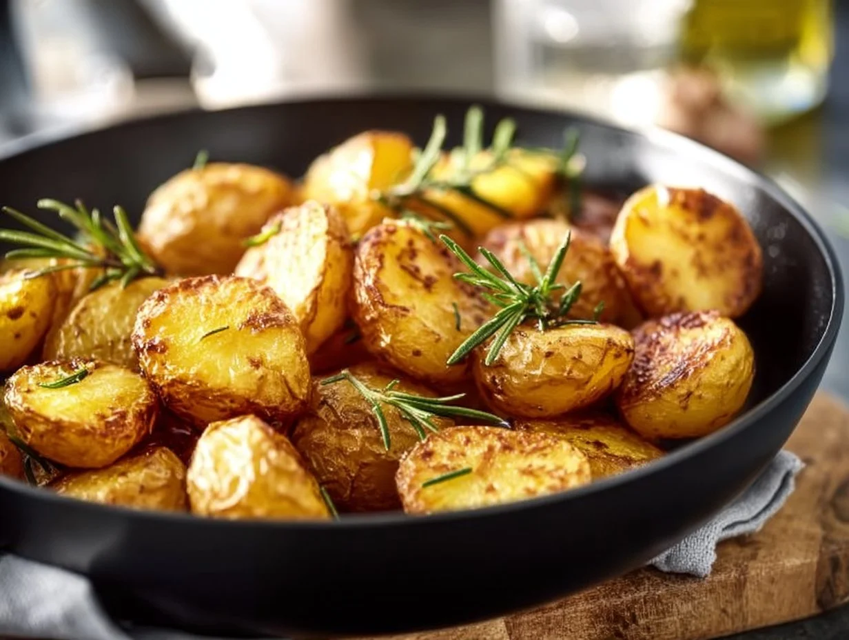 Knusprige Rosmarinkartoffeln aus der Heißluftfritteuse auf einem Holzbrett
