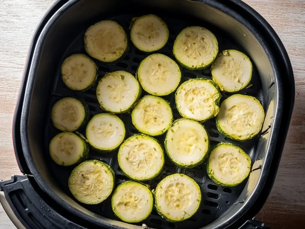 Knusprige Zucchini Scheiben aus der Heißluftfritteuse auf einem Teller