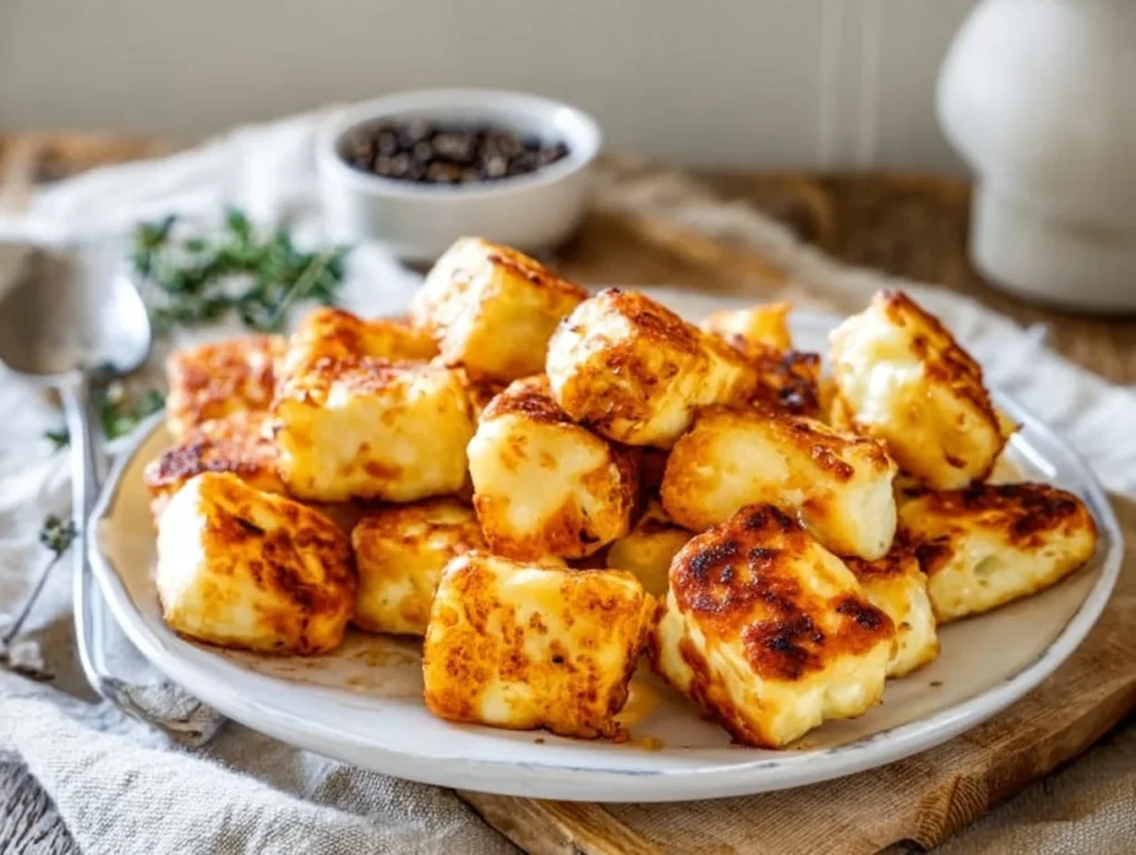 Knuspriger Halloumi aus dem Airfryer auf einem Teller serviert