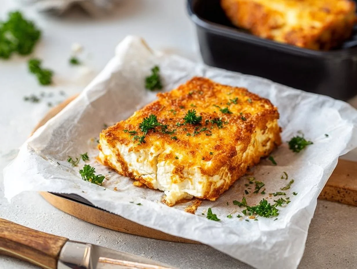 Knuspriger, goldbrauner panierten Feta aus der Heißluftfritteuse auf einem Teller