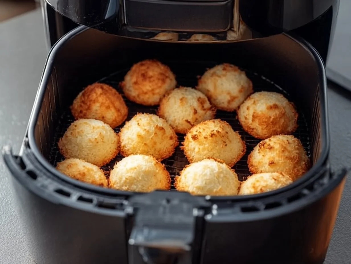 Kokosmakronen aus der Heißluftfritteuse auf einem Teller