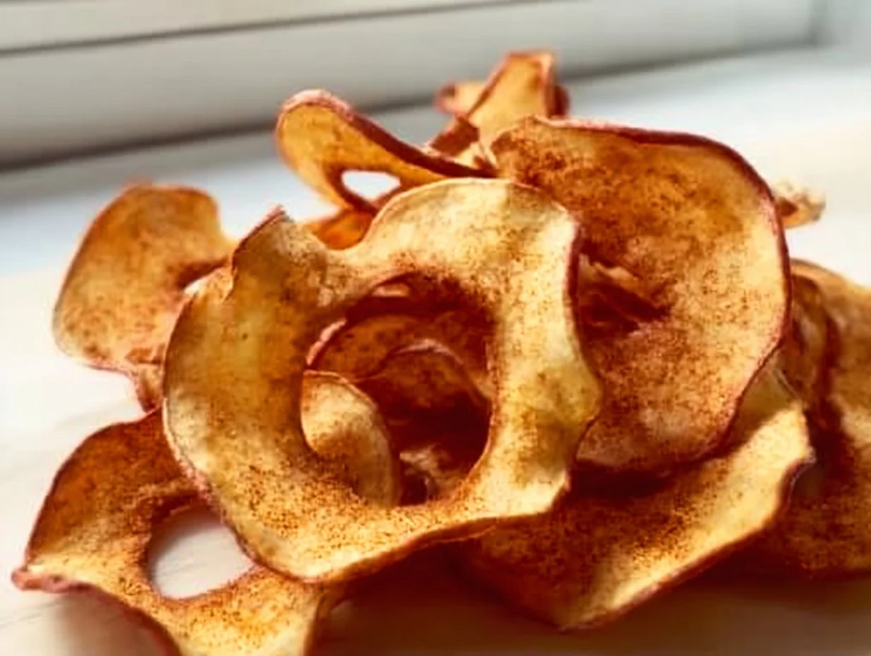 Luftfritteuse mit frischen Apfelchips in der Schüssel