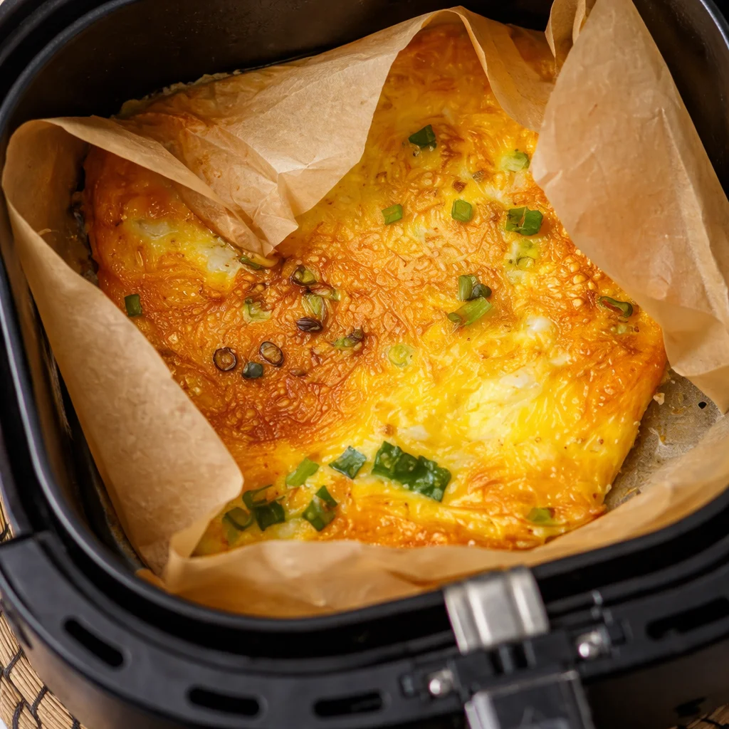 Ofen-Omelett aus der Heißluftfritteuse mit frischen Zutaten auf einem Teller.
