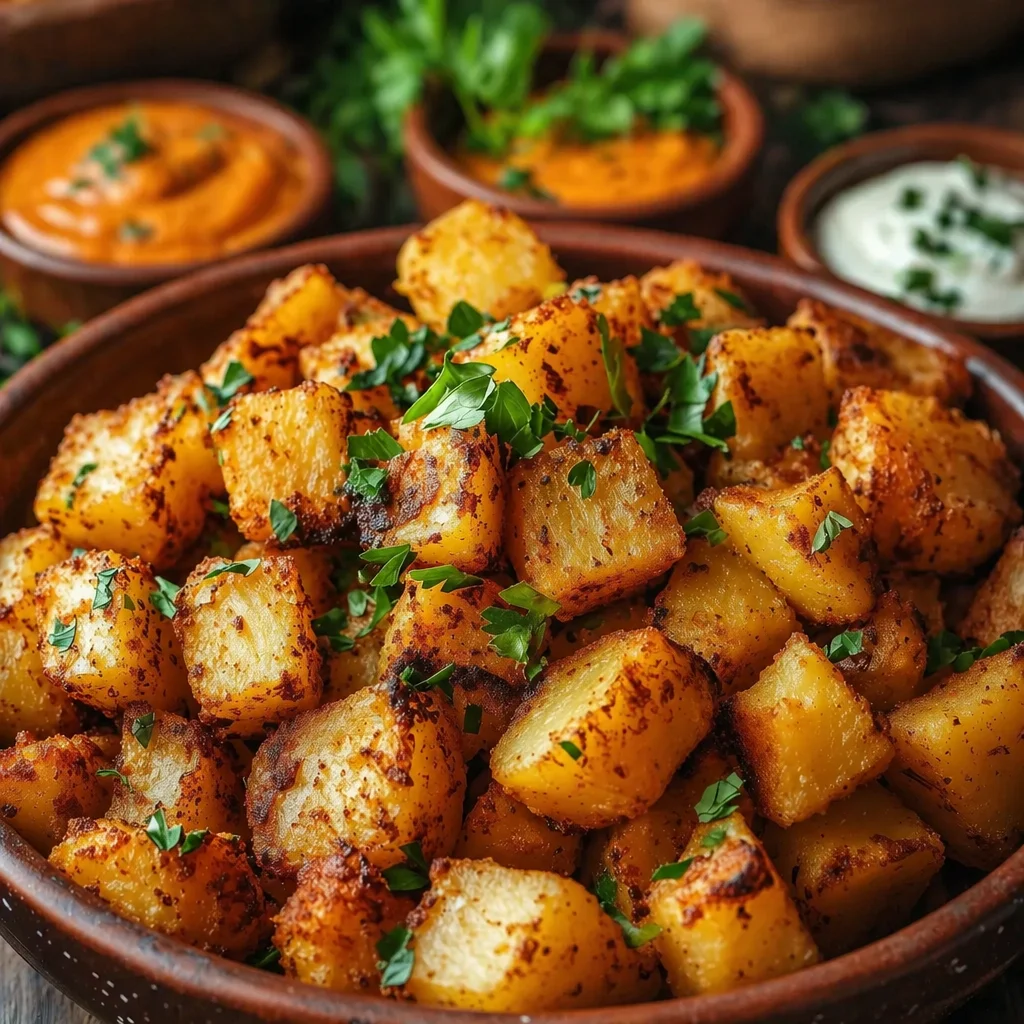 Patatas Bravas aus der Heißluftfritteuse mit Salsa Brava auf einem Teller serviert.