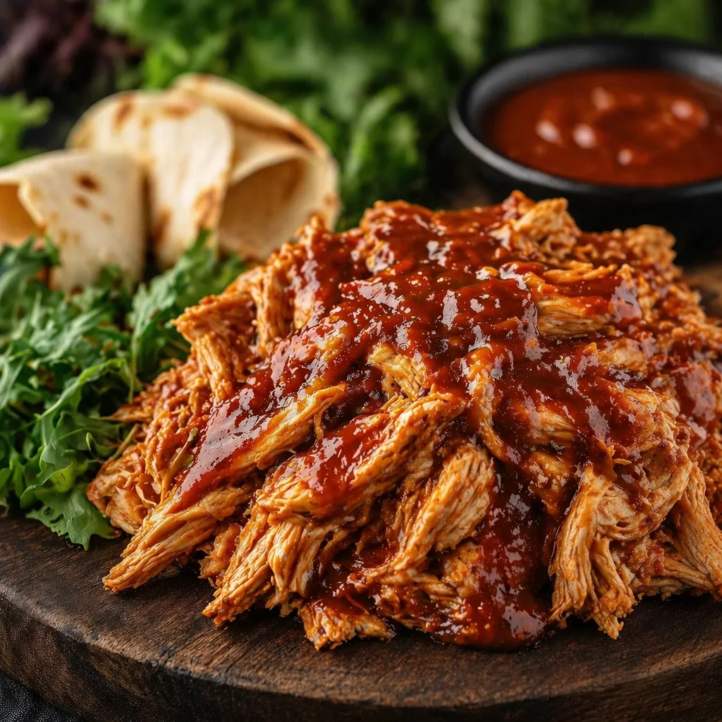 Pulled Chicken aus dem Airfryer, serviert mit frischem Gemüse auf einem Schneidebrett.