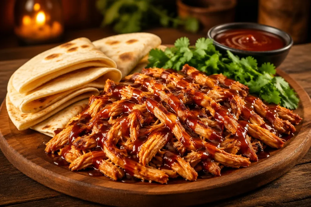 Pulled Chicken aus dem Airfryer, serviert mit frischem Gemüse auf einem Schneidebrett.