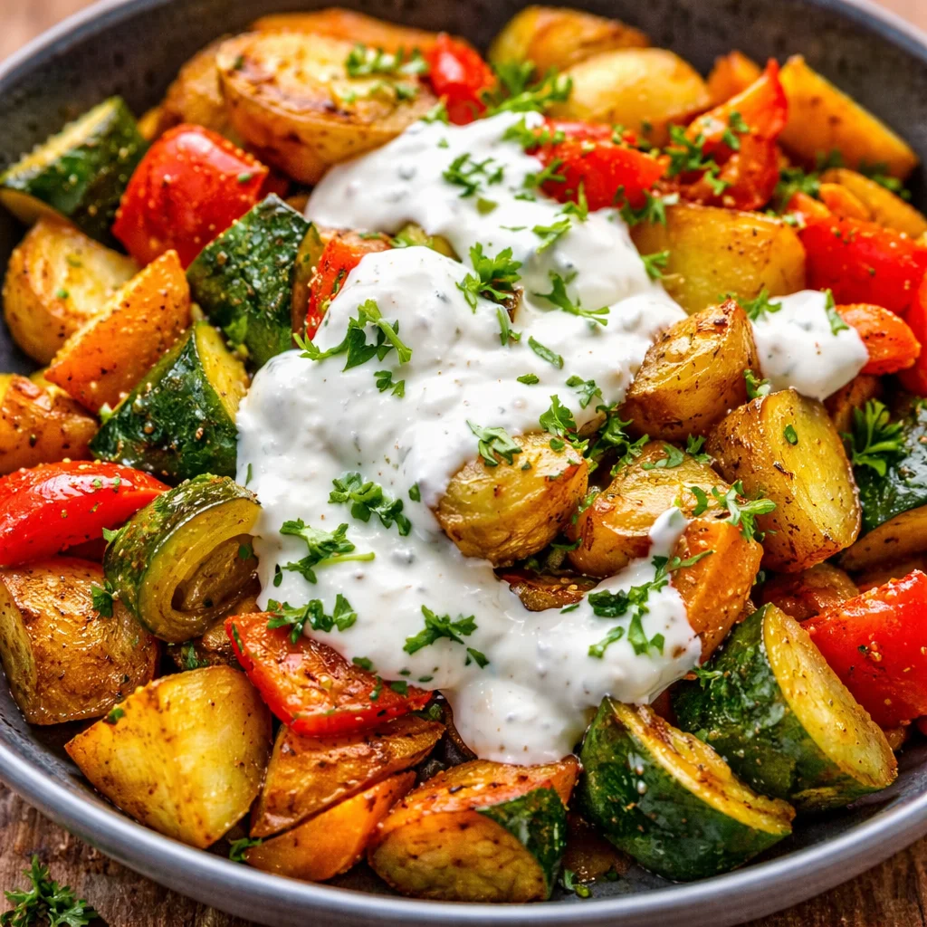 Vegetarische Lauch-Kartoffel-Pfanne aus der Heißluftfritteuse serviert mit Kräuterquark.