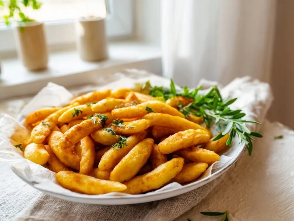 Schupfnudeln aus der Heißluftfritteuse mit goldbrauner Kruste und frischen Kräutern