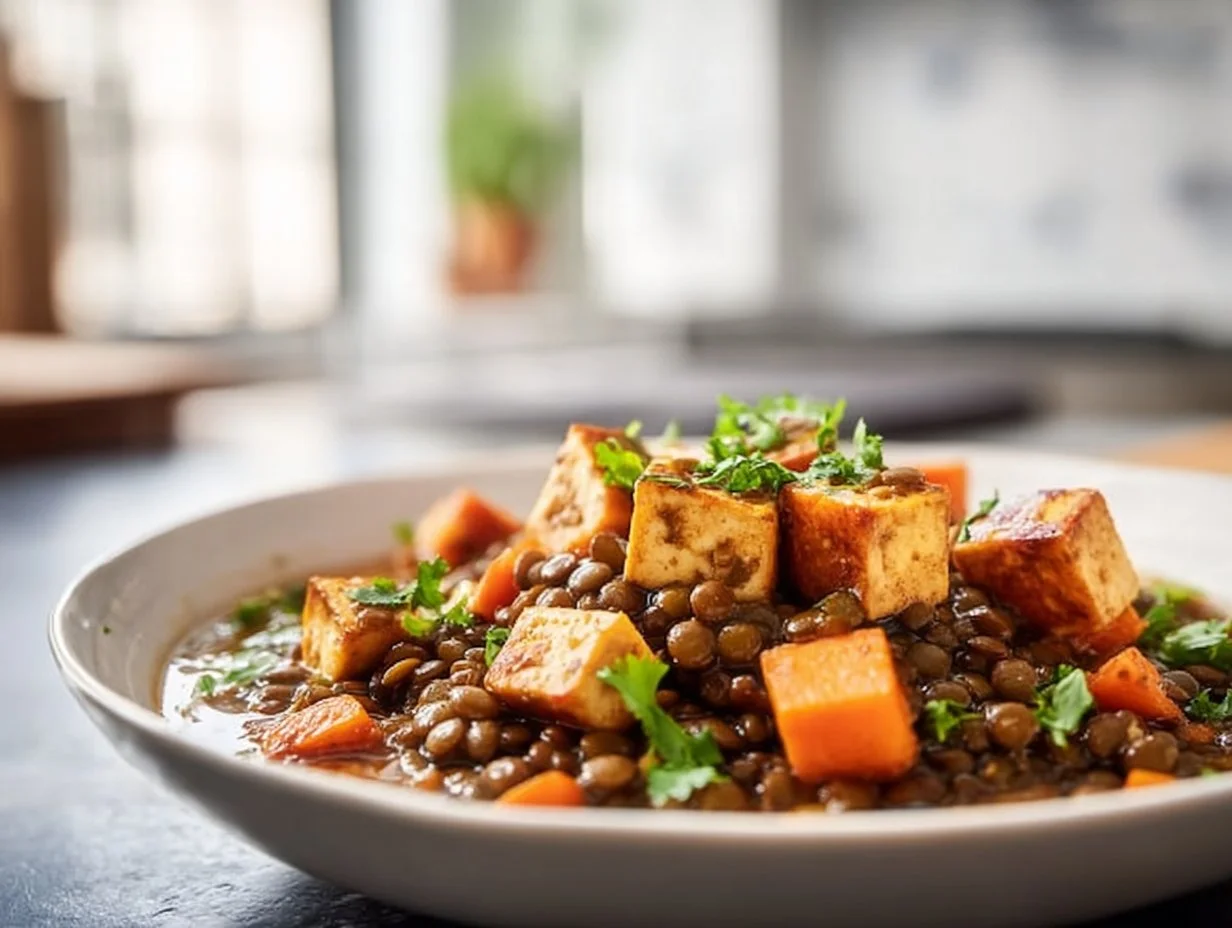 Winterlicher Linseneintopf mit Räuchertofu im Airfryer