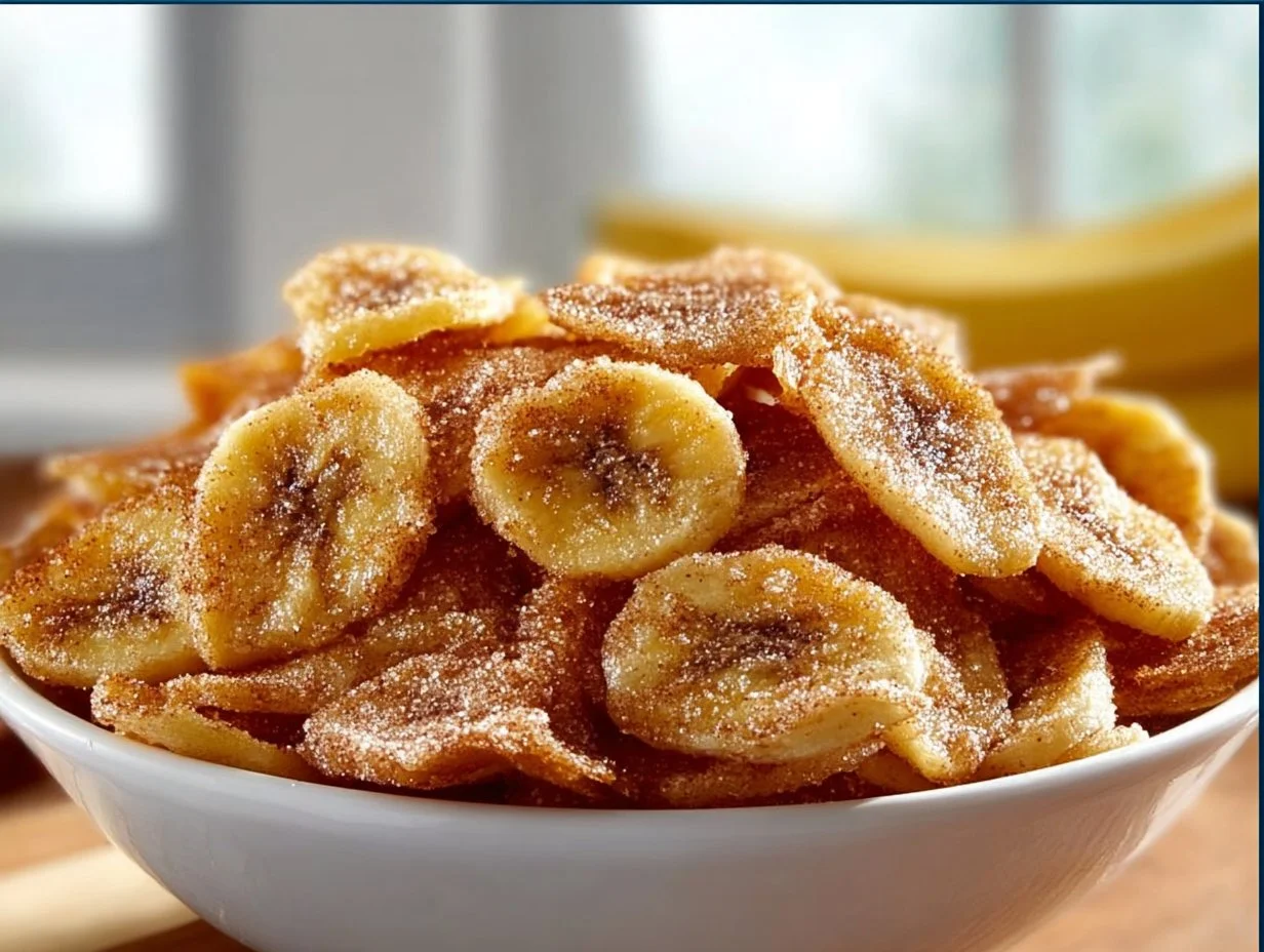 Zimt-Zucker Bananenchips frisch aus dem Airfryer auf einem Teller