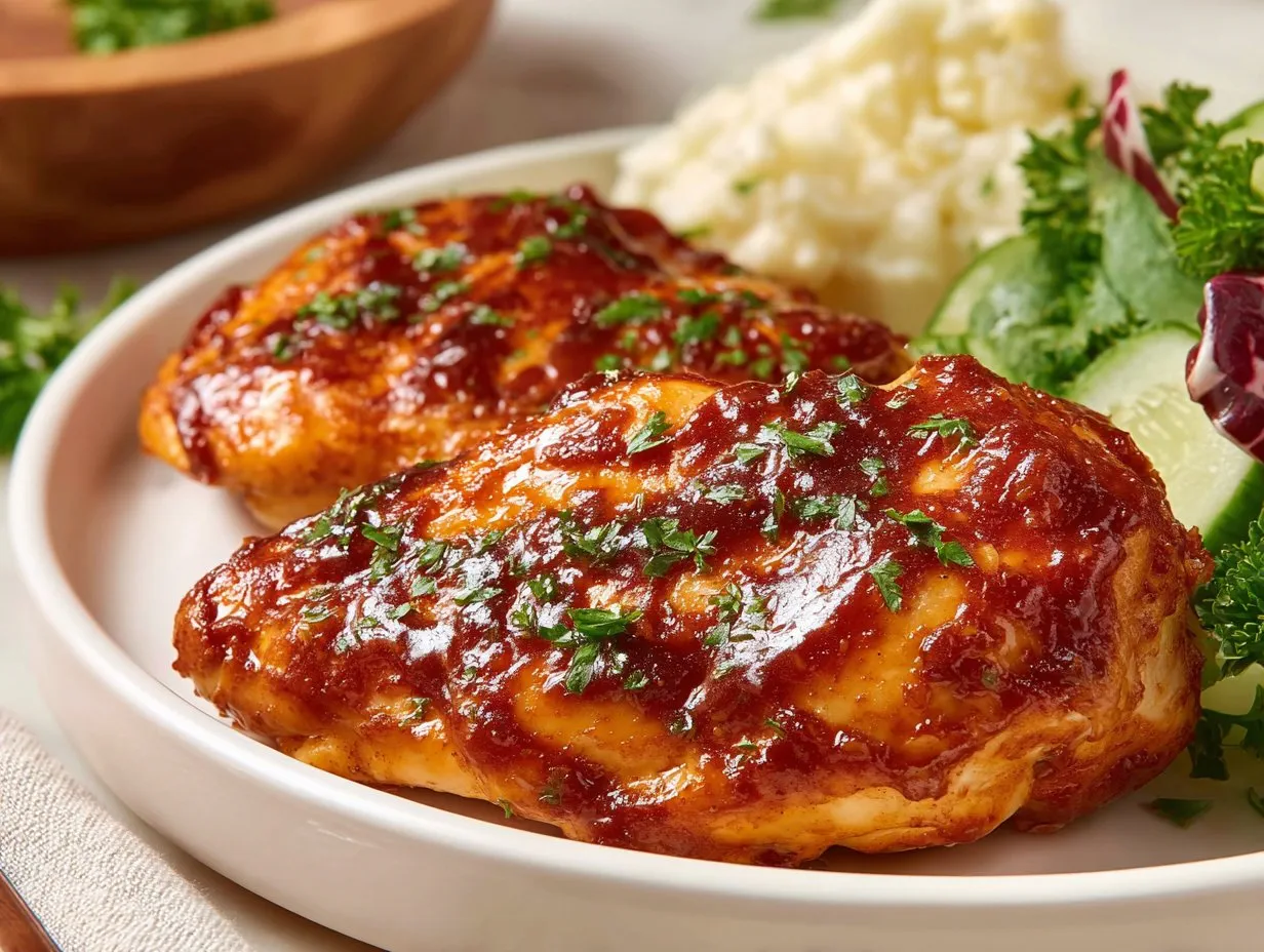 Air Fryer BBQ Hähnchenbrust auf einem Grillteller angerichtet