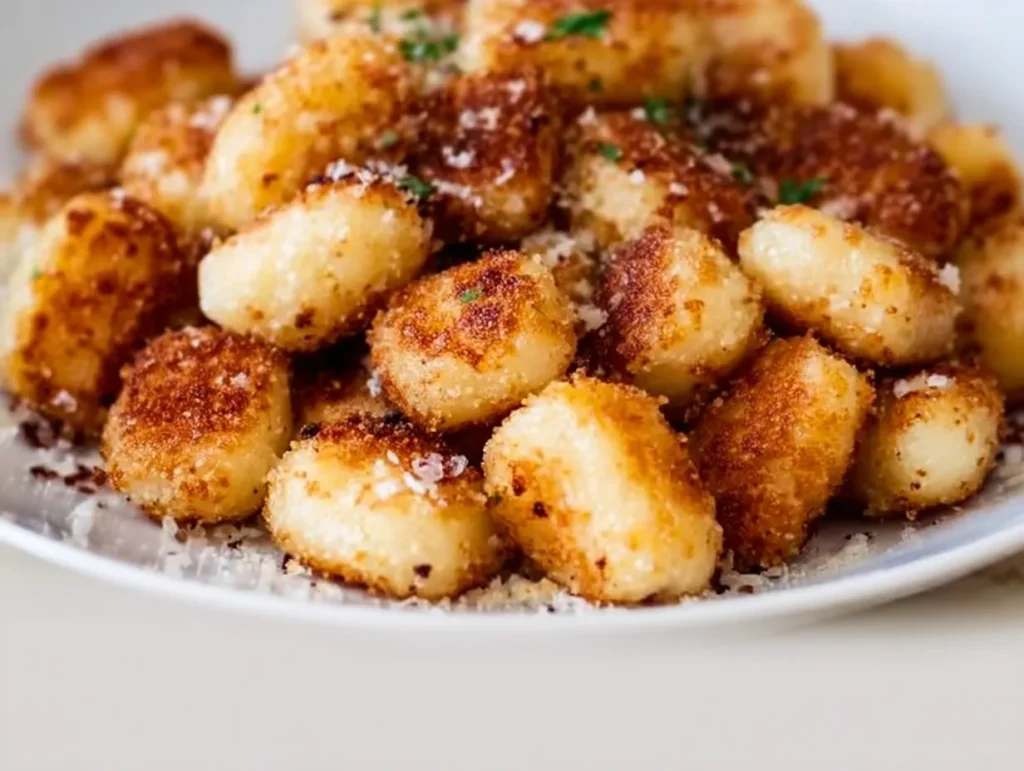 Knusprige Gnocchi aus der Heißluftfritteuse auf einem Teller serviert.