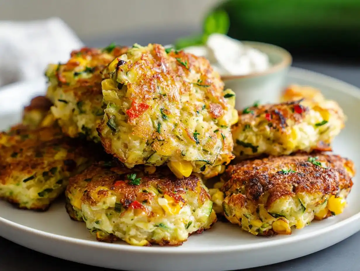 Zucchini Mais Bites aus dem Airfryer, perfekt als sommerlicher Snack oder Beilage.
