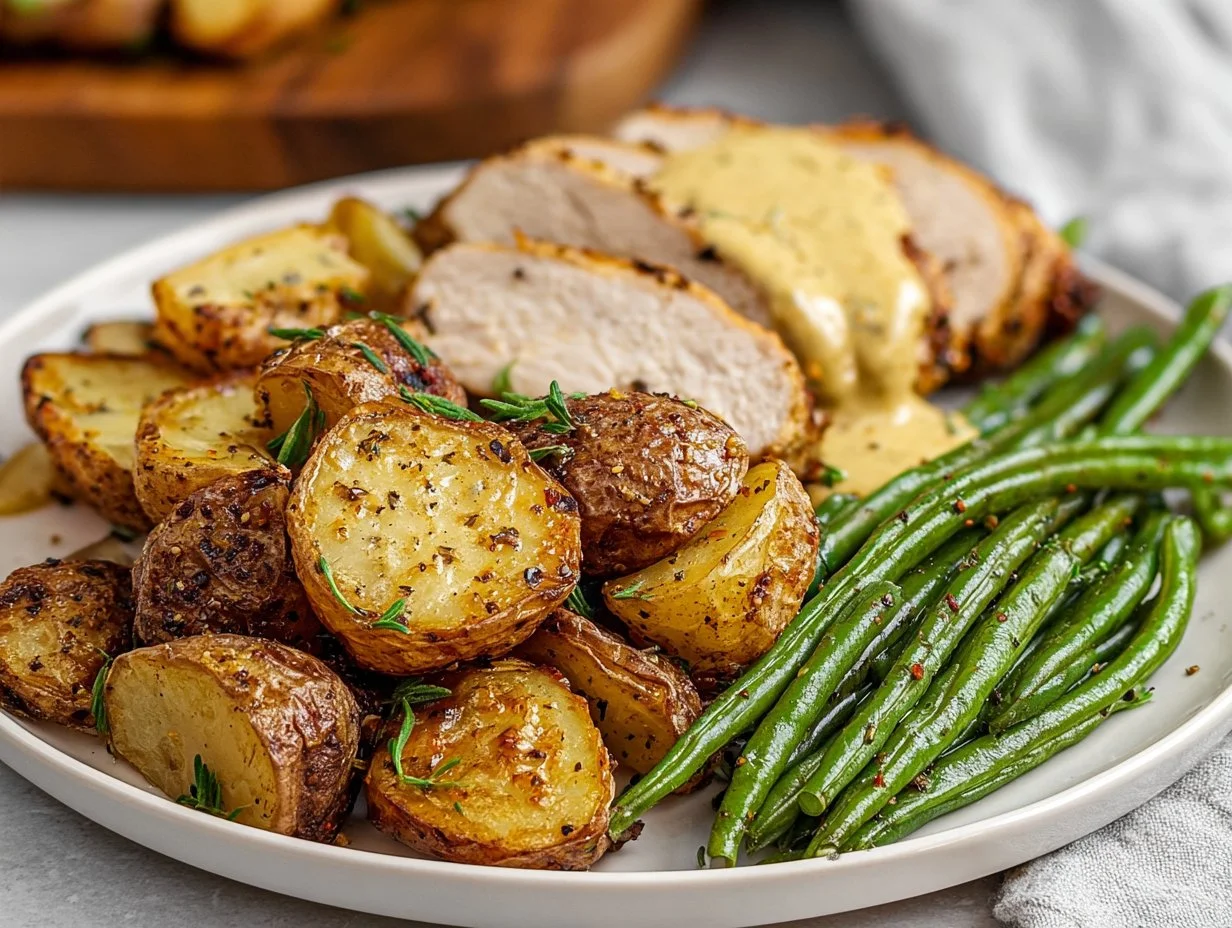 Air Fryer Kartoffeln mit Hähnchenbrustfilet, grünen Bohnen und Senfsauce