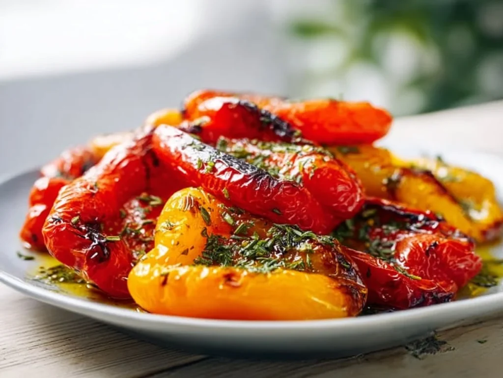 Gegrillte Paprika aus der Heißluftfritteuse auf einem Teller serviert.