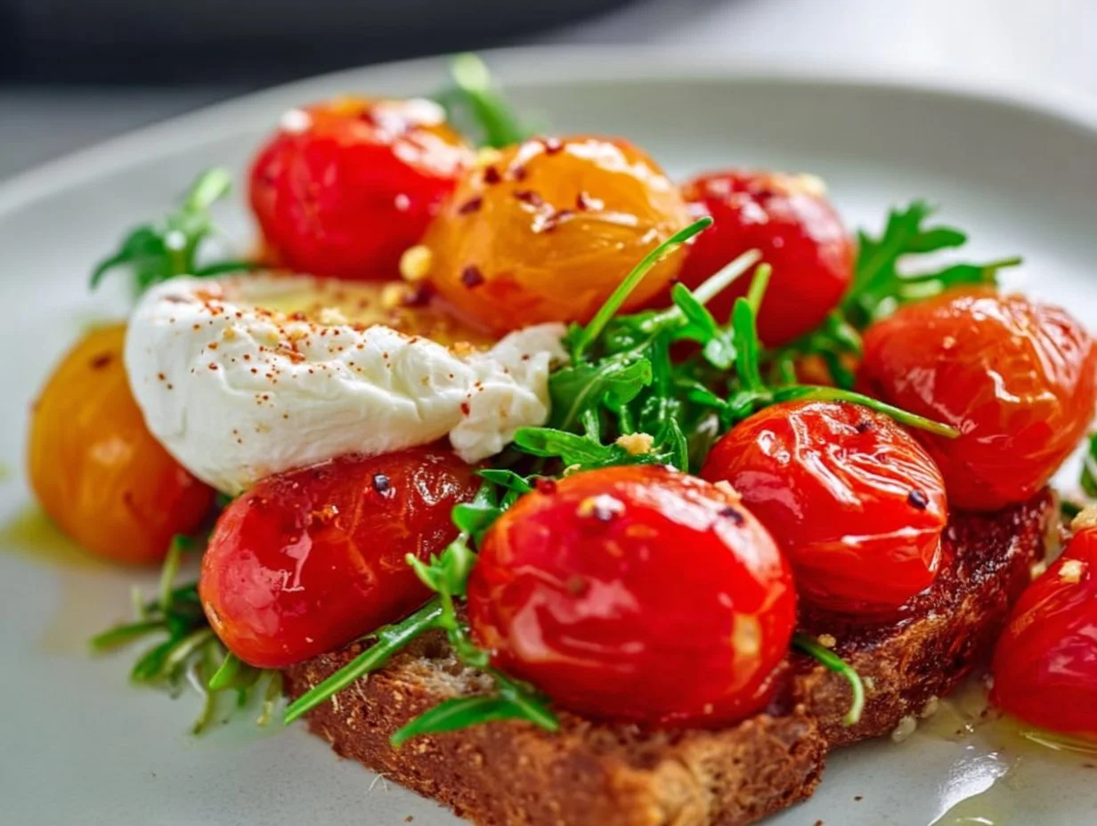 Geröstetes Brot mit Ofentomaten und Burrata